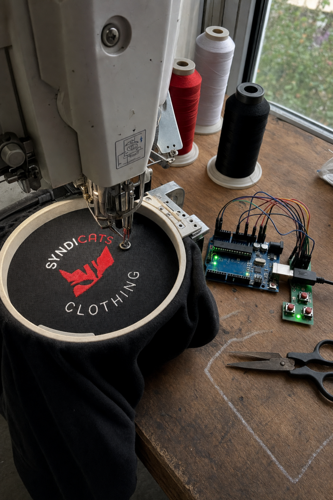 Arduino-controlled embroidery machine stitching the Syndicats logo on black fabric